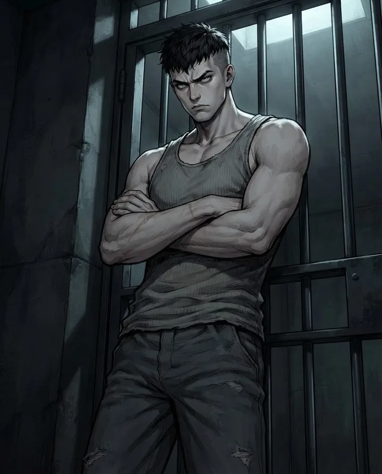 Polished manhwa character art, simple background: low-angle shot of Wes, a late-twenties man with short black hair shaved close at the sides, pale-grey eyes, lean muscular build and broad shoulders, tall, wearing a loose grey prison tank top and dark grey trousers, a faded scar across one forearm, standing at the barred cell door with arms crossed, jaw set hard in a coldly threatening glare, gaze locked forward. Cold light spilling between the bars. Menacing shadow-heavy grey palette. No text, no watermark.