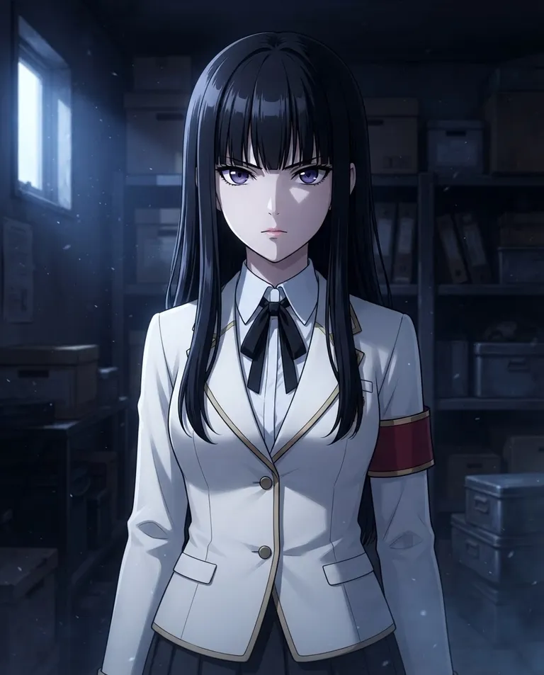 Modern anime key visual, simple background: close portrait of Nanami, a young adult woman with long straight jet-black hair with blunt bangs, deep violet eyes, porcelain skin and a tall poised build, wearing an immaculate white university uniform blazer with gold trim over a pleated charcoal skirt and a black ribbon tie, a plain unmarked red-and-gold student council armband on her left arm, face half in shadow with a flat furious calm, in clean flat cel-shaded anime style, eyes wide and knowing, dust motes drifting between her and the viewer in a dark storage room. Hard sidelight from one small high window. Unsettling cold indigo palette with pale skin highlights. No text, no watermark.