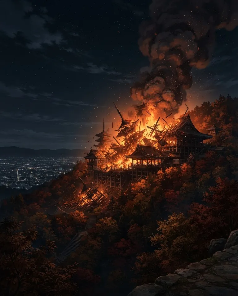 Modern anime key visual, simple background: wide establishing shot of a grand hillside sanctuary consumed by fire against an autumn night sky, its spires collapsing in silhouette as a vast column of smoke and embers climbs above the treeline, city lights distant and indifferent below. Roaring orange firelight against cold darkness. Catastrophic, elegiac, ember-and-ash palette. No text, no watermark.
