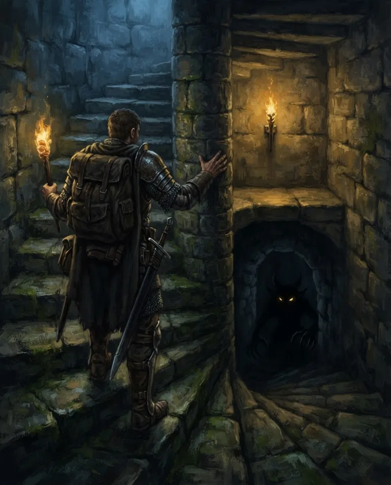 Western RPG fantasy illustration, simple background: over-the-shoulder shot from a lone armored adventurer descending a narrow stone spiral stairwell into torchlight, as a pair of glowing eyes and a clawed silhouette wait at the bottom in the dark. Warm torch glow ahead against cold shadow behind. Contrast of gold light and blue gloom, tense anticipatory mood. No text, no watermark.
