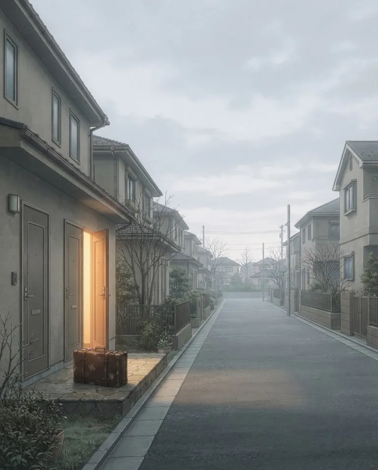 Modern anime key visual, simple background: wide establishing shot of a quiet residential street at early morning, a row of tidy front doors and small gardens under a pale grey sky, every door and wall completely bare with no house numbers or plates, one door standing open with warm light spilling onto the step where a single battered leather suitcase waits. Soft overcast light with one warm doorway glow. Lonely muted grey-and-beige palette with a single amber accent. No text, no letters, no numbers, no writing anywhere in the image, no watermark.