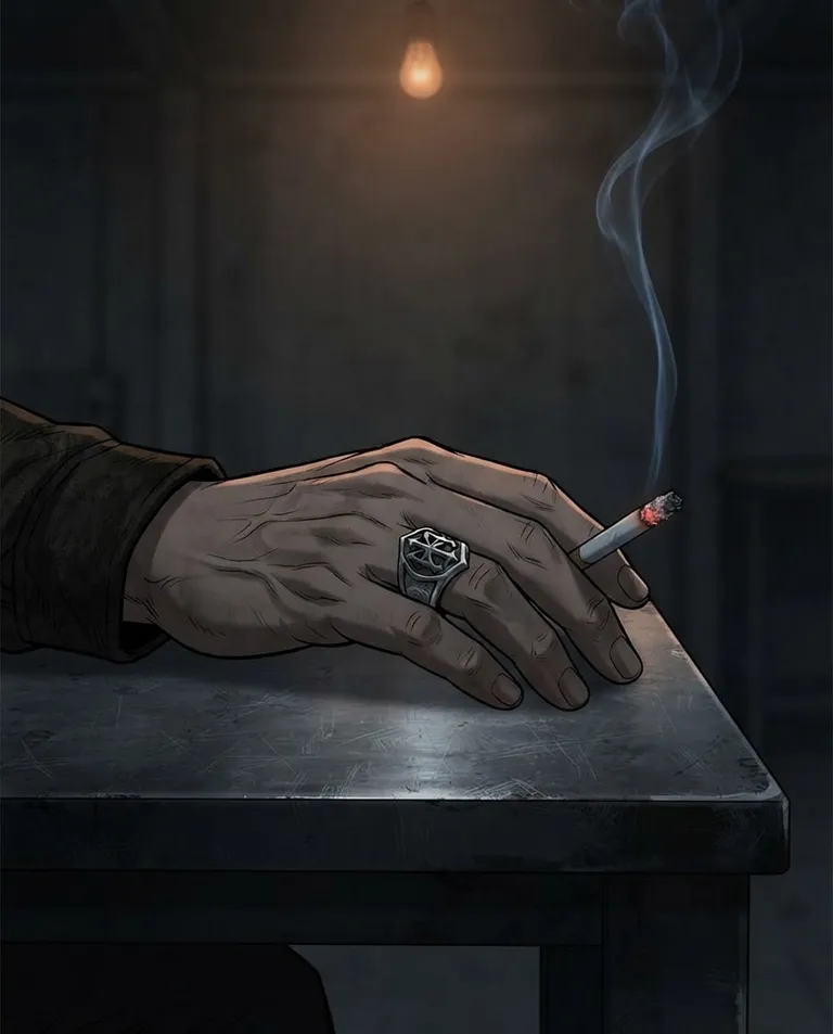 Polished manhwa character art, simple background: low-angle detail shot of a man's hand wearing a heavy silver ring resting on a dark steel table, a lit cigarette burning between two fingers, thin smoke curling upward. Dim moody light from a single overhead bulb. Menacing black-and-amber palette. No text, no watermark.