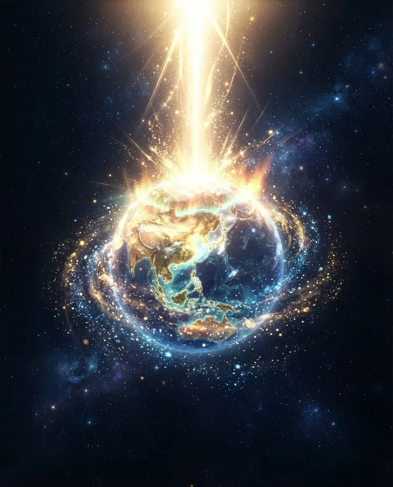 Modern anime key visual, simple background: dramatic shot of a single new world materializing out of light, landmasses and oceans forming from swirling particles as a shaft of energy pours into it. Brilliant golden-white light against surrounding darkness. Awe of genesis, warm gold and cool blue palette. No text, no watermark.