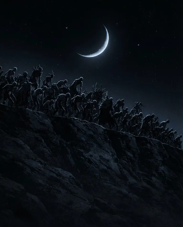 Modern anime key visual, simple background: low-angle shot of a vast silhouetted mass of hunched, evolving undead figures gathering on a ridgeline beneath a thin sliver of new moon, no blood visible. Silver moonlight rimming the horde against a black sky. Menacing, silent, monochrome midnight-blue palette. No text, no watermark.