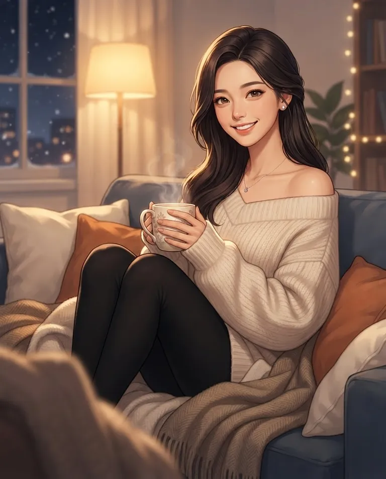 Polished manhwa character art, simple background: over-the-shoulder shot of Yuna, a young adult woman with long dark-brown hair swept over one shoulder and brown eyes, fair skin and a slender build, wearing an oversized cream sweater slipping off one shoulder over black leggings, small pearl stud earrings, curled up on the couch holding a steaming mug in both hands and smiling warmly and contentedly toward the viewer. Soft golden lamplight with cool night through the window. Warm cocoa-and-gold palette. No text, no watermark.
