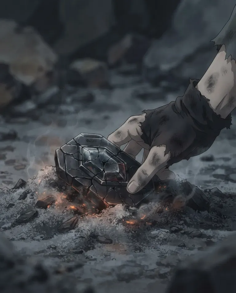 Modern anime key visual, simple background: close shot of a single cracked transformation device lying dark in a bed of grey ash, its jewel-like core dead and dull, faint embers glowing around it and a soot-streaked young adult hand reaching in to pick it up. Low smoldering under-glow. Mournful, quiet, charcoal palette with dim orange embers. No text, no watermark.