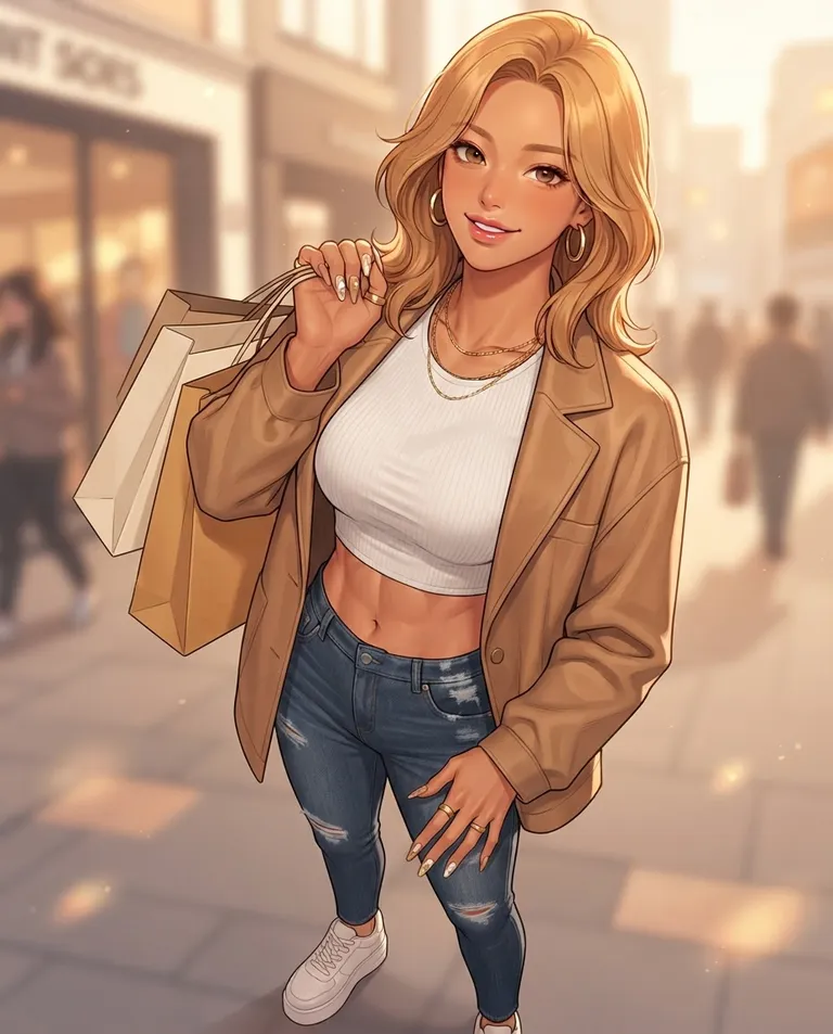 Polished manhwa character art, simple background: low-angle shot of Dahye Kang, a young adult woman with long wavy honey-blonde hair, bright brown eyes, sun-kissed tanned skin and a tall athletic strong build, wearing a fitted white crop top under an oversized tan leather jacket and gold hoop earrings, glossy lips and long decorated nails, effortlessly carrying two plain unmarked shopping bags with no lettering on one shoulder while grinning down with proud, doting confidence. Warm street sunlight with soft rim light in her hair. Vibrant gold-and-tan palette. No text, no letters, no numbers, no writing anywhere in the image, no watermark.