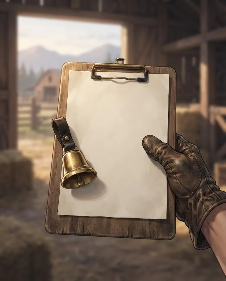 Modern anime key visual, simple background: close shot of a rancher's leather gloved hand holding a wooden clipboard with a small polished brass bell resting against it, the open barn doorway soft and out of focus beyond. Crisp morning side light. Orderly, faintly ominous tan-and-brass palette. No text, no letters, no numbers, no writing anywhere in the image, no watermark.