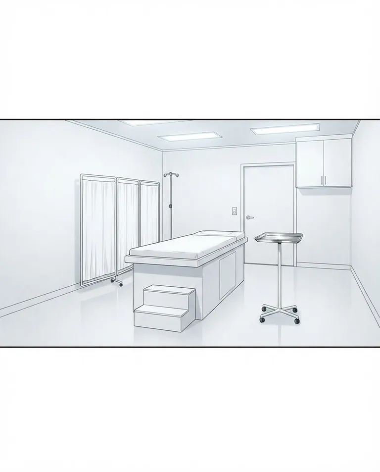 Polished manhwa character art, simple background: wide establishing shot of a sterile unoccupied examination room, a raised white platform at its center and a white folding privacy screen in the corner, bare white walls and a single steel instrument tray on a stand. Flat fluorescent light with no shadows. Oppressive, silent white-on-white palette with cold steel accents. No text, no watermark.