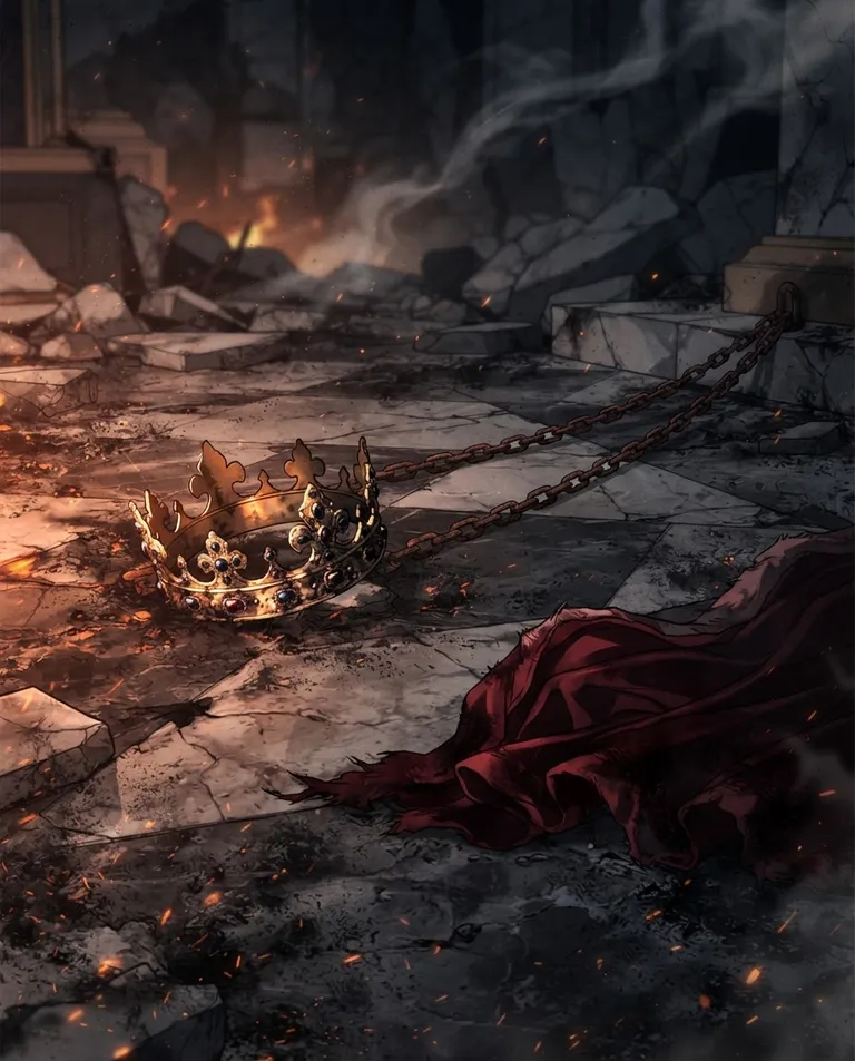 Polished manhwa character art, simple background: low-angle detail shot of a fallen golden crown lying on scorched marble beside taut iron chains, a dark crimson-lined cloak pooled nearby. Dying firelight and glowing embers reflected in the metal. Somber ash-grey and ember-gold palette, thin smoke. No text, no watermark.