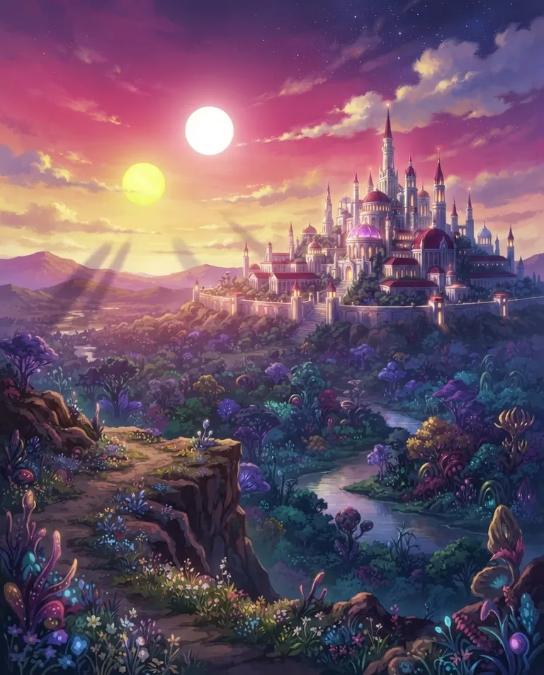 Modern anime key visual, simple background: wide establishing shot of the Amaranth Empire — a sprawling palace of white spires and amaranth-red rooftops on a hill above an alien forest of violet-and-green foliage, two suns overhead, one white and one sickly yellow, casting doubled shadows. Strange doubled sunlight across the valley. Otherworldly magenta-and-gold palette. No text, no watermark.
