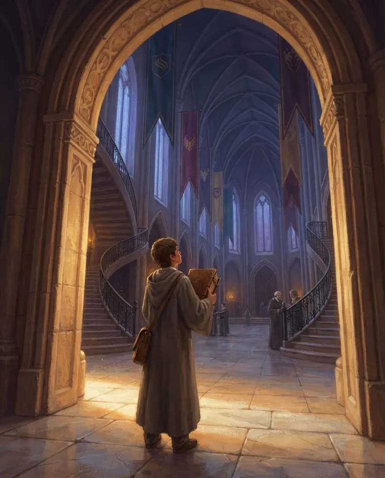 Western RPG fantasy illustration, simple background: over-the-shoulder shot of a lone young adult freshman in plain student robes clutching a book, standing small at the threshold of the towering enrollment hall as banners and staircases rise ahead. Warm entryway light spilling forward into cool interior. Hopeful amber-into-blue palette. No text, no watermark.