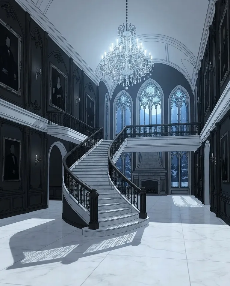 Polished manhwa character art, simple background: wide establishing shot of a vast, immaculate mansion interior at dusk, a grand marble staircase, tall dark portraits and cold chandelier light. Cold moonlight through arched windows. Austere palette of black, ivory, and pale blue. No text, no watermark.