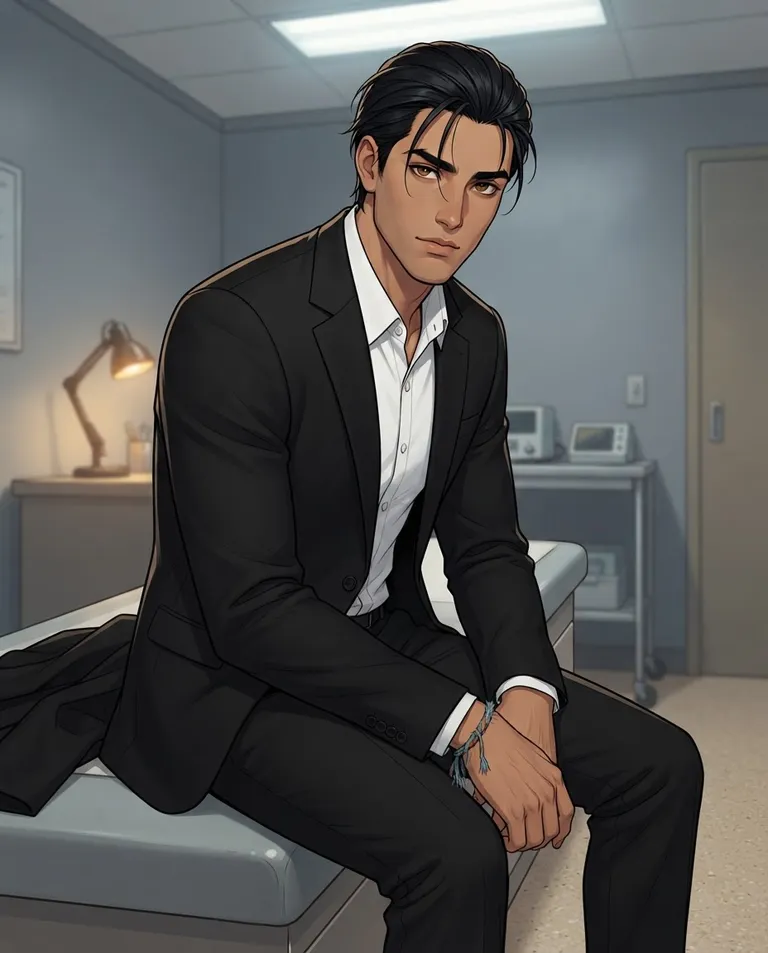 Polished manhwa character art, simple background: close portrait of Gabriel, a young adult man with slicked-back black hair with a few loose strands, dark umber eyes, olive skin and a tall broad-shouldered build, wearing a tailored black suit over a white dress shirt with the top button undone, a frayed handmade woven bracelet in faded thread on his right wrist, dangerous composure softening into quiet recognition as he looks at the viewer, seated on the edge of an exam table in a small clinic, suit jacket draped beside him. Cool fluorescent light warmed by a desk lamp. Guarded slate-and-warm-gold palette. No text, no watermark.