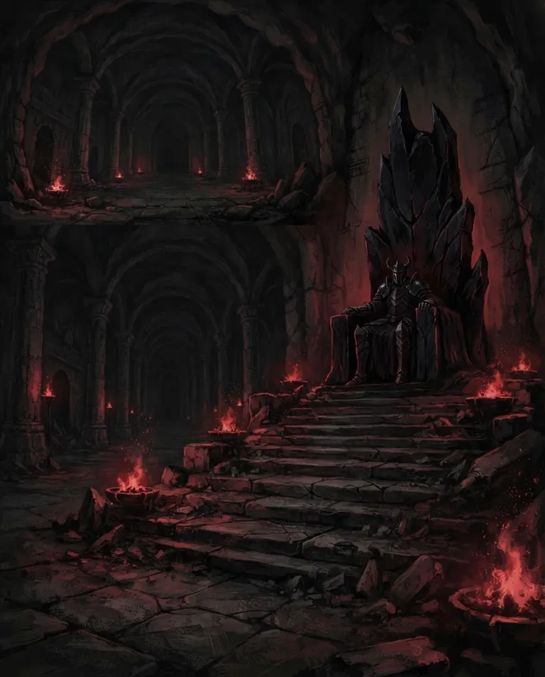 Western RPG fantasy illustration, simple background: wide establishing shot of a vast shadowed dungeon throne room, a jagged black obsidian throne raised on cracked stone steps ringed by guttering braziers and looming pillars, the seated figure of a dark lord half-lost in shadow. Deep red brazier glow against cavernous darkness. Ominous, grand, black-and-crimson palette. No text, no watermark.