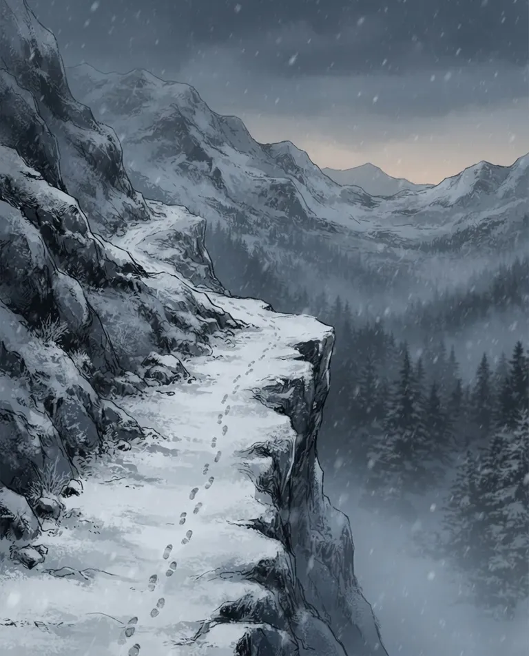 Polished manhwa character art, simple background: wide establishing shot of a snow-covered mountain trail winding along a steep slope under a low grey sky, dense snowfall blurring the pine forest below, a single line of footprints crossing the untouched white and stopping at the edge where the ground drops away. Dim flat winter light with the last pale glow before dusk. Lonely white-grey-and-deep-blue palette. No text, no watermark.