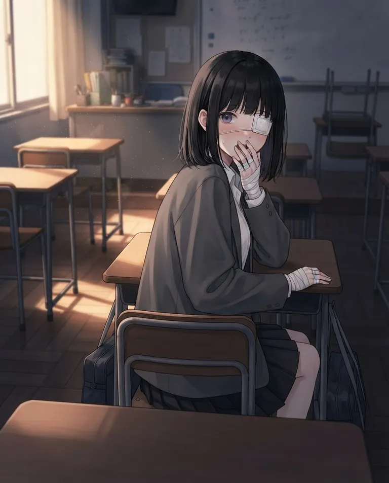 Modern anime key visual, simple background: over-the-shoulder shot from the viewer's desk of Hina Kurosawa, a young adult woman (university student) with straight black chin-length hair and blunt bangs, one dull violet eye visible, very pale skin dotted with faint bruises and a thin fragile build, wearing a loose oversized grey school blazer over a white blouse and pleated skirt, a white medical eyepatch over her right eye and white bandages wound around both hands and forearms, wide-eyed and startled with a shy blush, peeking sideways across a classroom and quickly looking away when almost caught, one bandaged hand half-covering her mouth. Late-afternoon golden light slanting across empty desks. Warm amber accents against cool shadow, tender and secretive mood. No text, no watermark.
