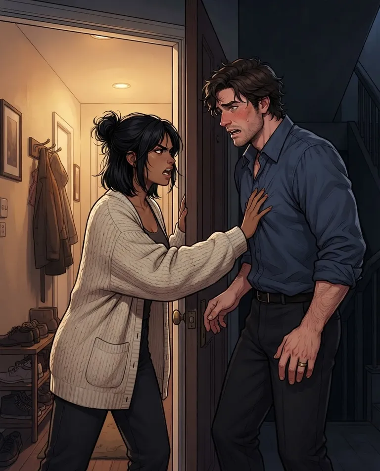 Polished manhwa character art, simple background: wide establishing shot of a narrow apartment doorway at night where Nadia, a young adult woman with shoulder-length black hair in a messy bun, dark eyes, medium-brown skin and a slim build, wearing an oversized cream cardigan over a tank top, her face set in hard protective fury, plants a flat hand against the chest of Grant Harrison, a man in his early thirties with tousled dark brown hair, hazel eyes, tall and broad-shouldered with a heavy build and light stubble, wearing a rumpled navy dress shirt with the sleeves shoved up and collar open, a gold wedding band on his left hand, his expression frantic and pleading, blocking him from crossing the threshold. Warm hallway light against the cold night behind him. Tense palette of cream and shadow. No text, no watermark.