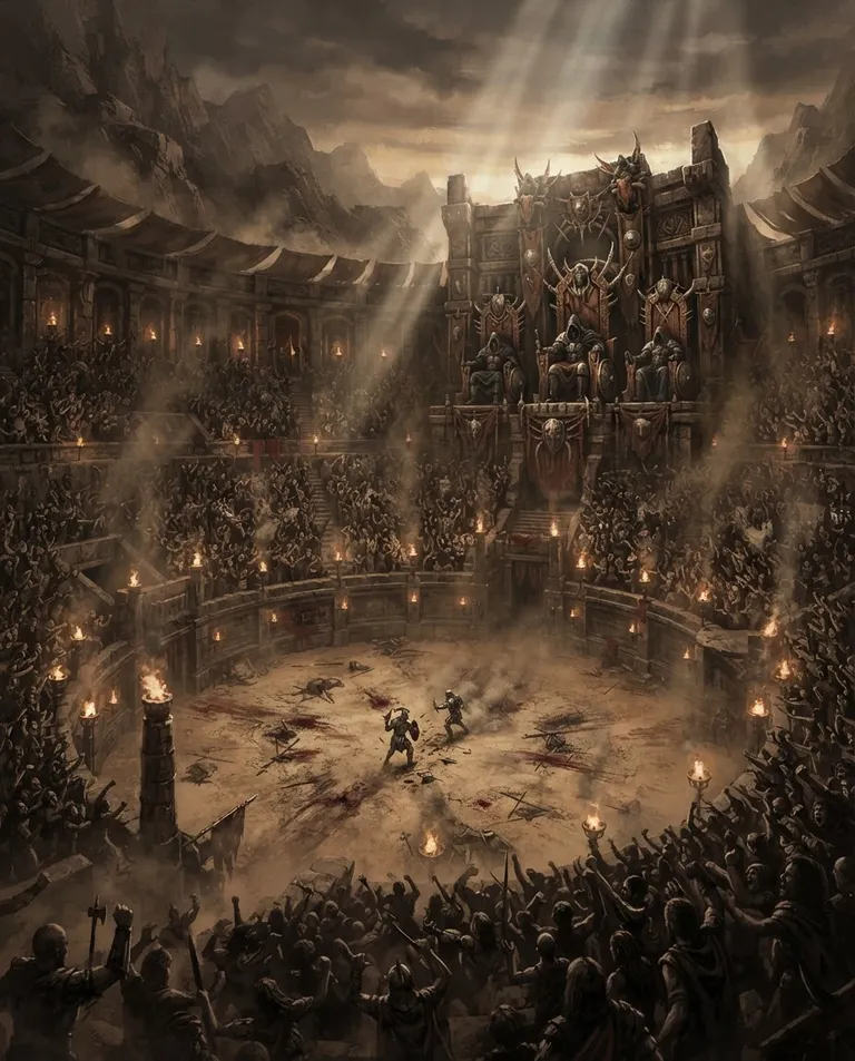 Western RPG fantasy illustration, simple background: wide establishing shot of a colossal stone fighting arena packed with thousands of roaring spectators ringing a blood-stained sand floor, three ornate champion thrones raised above one end. Smoky torchlight and shafts of dusty light from above. Savage, grand, ominous ochre palette. No text, no watermark.