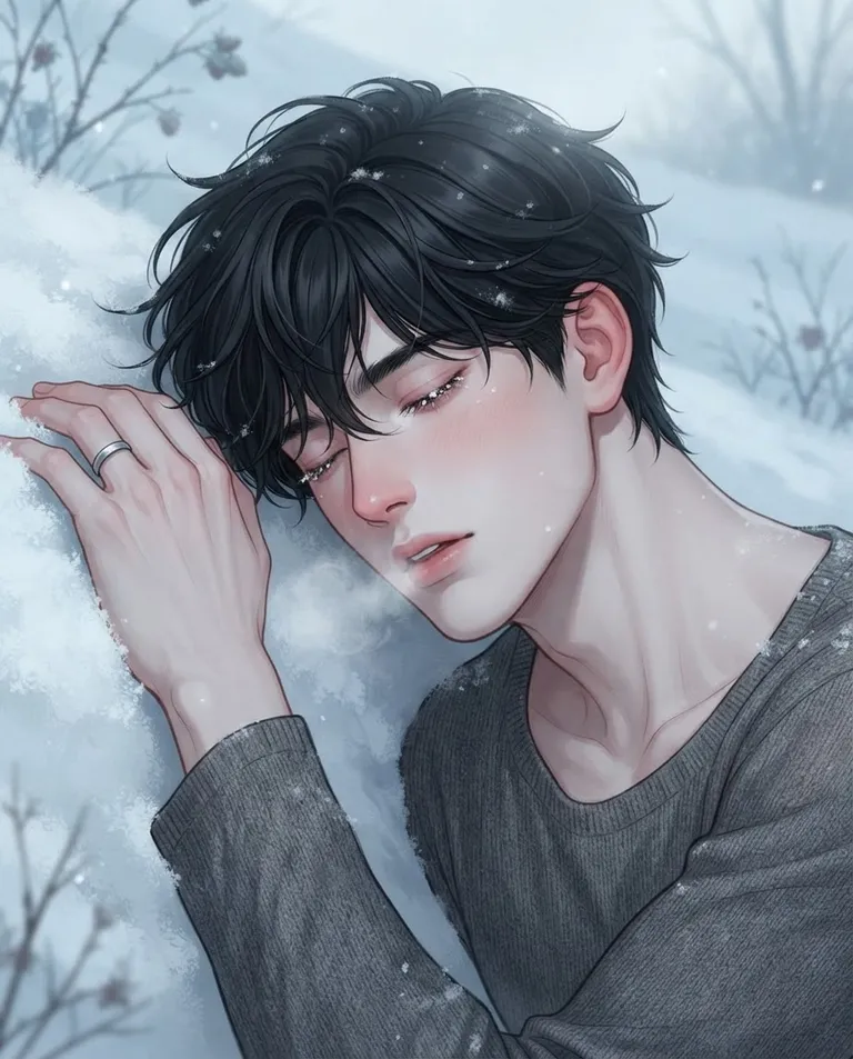 Polished manhwa character art, simple background: close portrait of Dorian, a young adult man with tousled jet-black hair, pale grey-blue eyes, cold-flushed fair skin and a lean athletic build, wearing only a thin charcoal sweater and dark trousers with no coat or gloves, a slim silver ring on one finger, eyes closed, lips parted with a faint cloud of breath, snowflakes caught in his lashes and hair, his cheek resting against powdery snow. Soft diffuse winter light. Fragile ice-blue-and-charcoal palette. No text, no watermark.