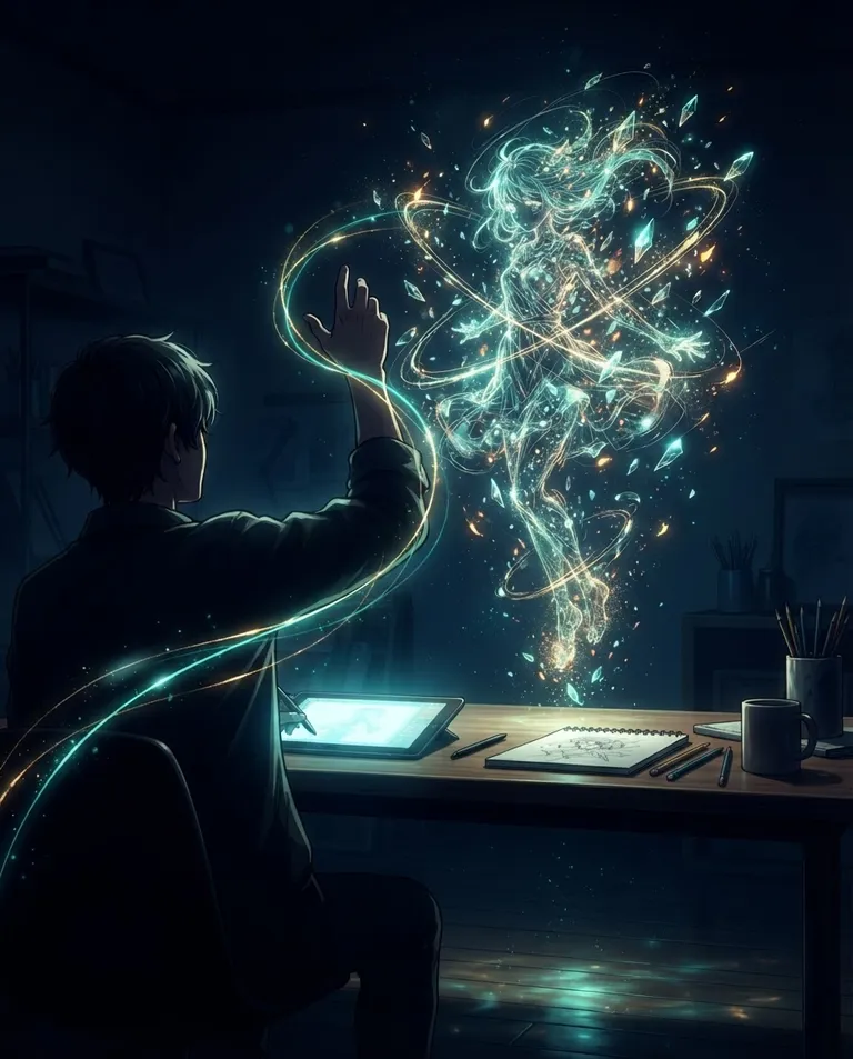Modern anime key visual, simple background: over-the-shoulder shot from behind a young adult artist silhouetted at a desk, one hand raised as strands of light follow the gesture, watching a figure of light take shape from orbiting glowing fragments and sketch lines above the desk. Bright creative glow against deep blue darkness. Awed luminous teal-and-gold palette. No text, no letters, no numbers, no writing anywhere in the image, no watermark.