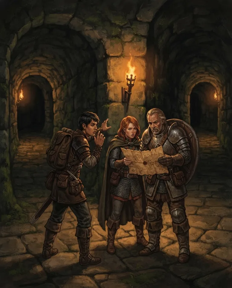 Western RPG fantasy illustration, simple background: over-the-shoulder shot of three young adult warriors, all clearly grown adults, huddled at a fork in a torch-lit dungeon corridor, the youngest-looking adult whispering and pointing uncertainly down two identical passages while the others squint at a crumpled map. Warm flickering torchlight and long stone shadows. Comedic, lost, dim amber palette. No text, no letters, no numbers, no writing anywhere in the image, no watermark.