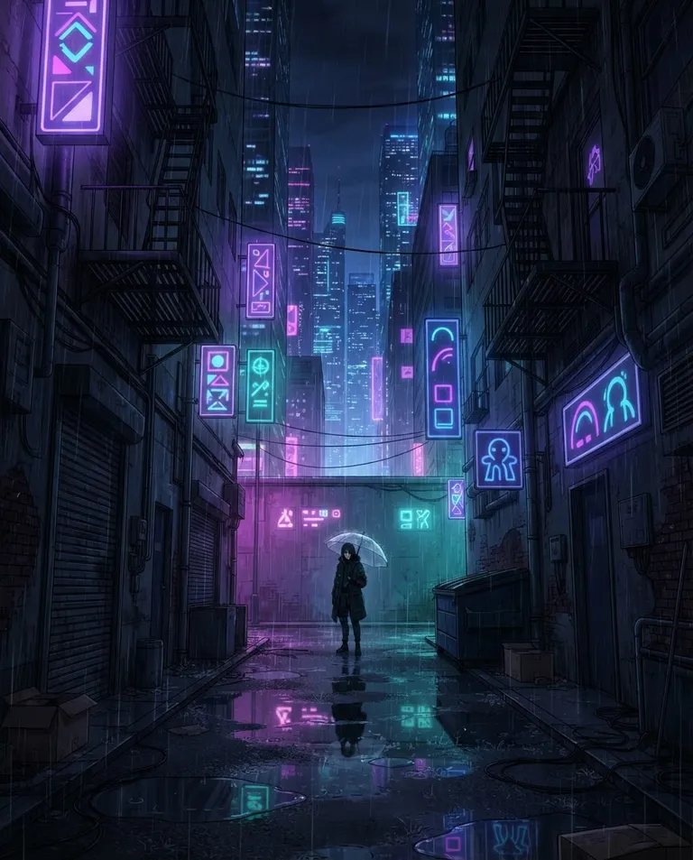 Polished manhwa character art, simple background: wide establishing shot of a narrow dead-end alley at night in a towering neon city, rain falling through shafts of colored light, every neon sign a blank abstract glowing shape, puddles mirroring the glowing skyline above the rooftops, fire escapes and dumpsters in deep shadow. Cold rain-washed neon glow. Lonely violet-teal-and-black palette. No text, no letters, no numbers, no writing anywhere in the image, no watermark.