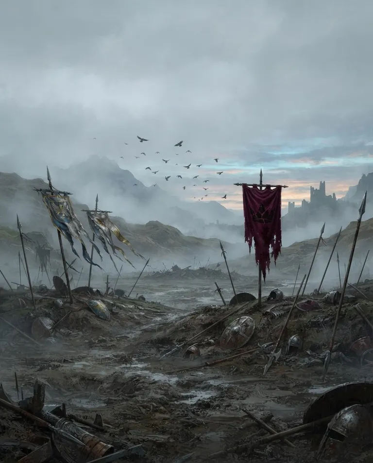Western RPG fantasy illustration, simple background: wide establishing shot of a misty highland battlefield at dawn after the final battle of a long war, torn war banners of two nations planted along a churned border ridge, abandoned spears leaning in the mud and crows circling under a pale sky, no figures. Cold dawn light through low fog. Mournful grey-and-silver palette with one deep red banner. No text, no letters, no numbers, no writing anywhere in the image, no watermark.