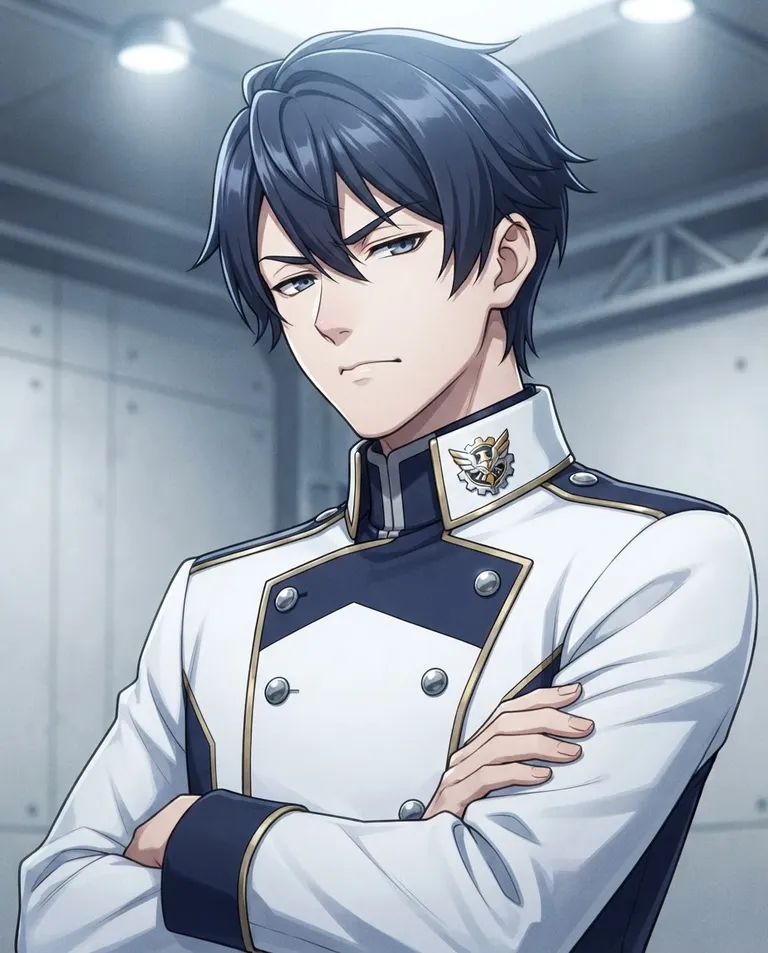 Modern anime key visual, simple background: close portrait of a young adult legacy cadet in an immaculate uniform with a gleaming corporate crest on the collar, chin raised in polished contempt, arms crossed, one eyebrow lifted at something beneath notice. Cool overhead bay light. Sleek, dismissive, white-and-navy palette with a gold crest accent. No text, no watermark.