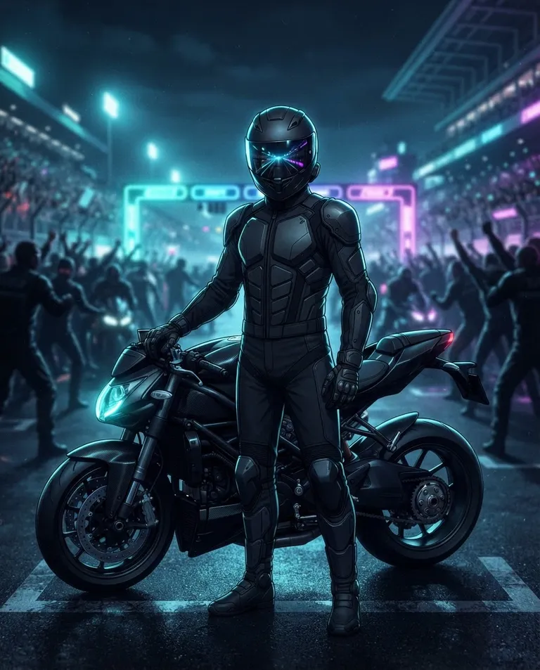 Modern anime key visual, simple background: waist-up shot of a lone young adult rider in matte black unmarked racing gear, visor down and reflecting the five glowing lanes, standing perfectly still beside a dark bike while the grid crowds blur in the background. Cold neon rim light on black armor. Unreadable, quietly dangerous, black-and-cyan palette. No text, no watermark.