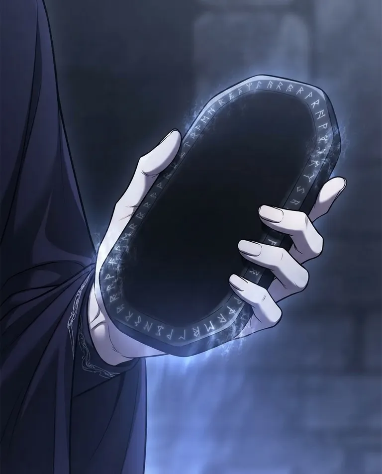 Polished manhwa character art, simple background: close detail shot of a smooth stone divination tablet held in one hand, its surface eerily blank while faint arcane runes fade around the edges. Cold magical glow from below. Ominous emptiness, deep indigo and silver palette. No text, no watermark.
