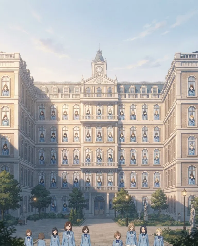 Modern anime key visual, simple background: wide establishing shot of a grand academy facade with rows of tall windows, the face of a young adult woman at every single window, each fully clothed in a neat matching academy uniform and every face turned toward the viewer below, curtains stirring. Soft morning light glinting off the glass. Hushed, electric powder-blue-and-ivory palette. No text, no watermark.