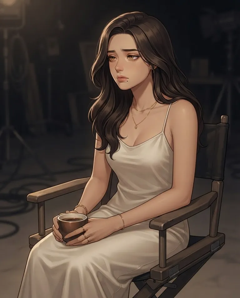 Polished manhwa character art, simple background: waist-up shot of Valentina Cruz, a 24-year-old woman with long glossy dark-brown wavy hair, warm hazel eyes, smooth light-tan skin and a tall slender model's build, wearing an elegant off-white silk slip dress with delicate gold jewelry, a small beauty mark near her lip, slumped quietly in a plain unmarked canvas director's chair during a break, holding a cooling coffee cup, her polished mask dropped and her face slack with hollow exhaustion as she gazes at nothing. Dim warm side light with a dark studio behind. Lonely, quiet, muted golden palette. No text, no letters, no numbers, no writing anywhere in the image, no watermark.