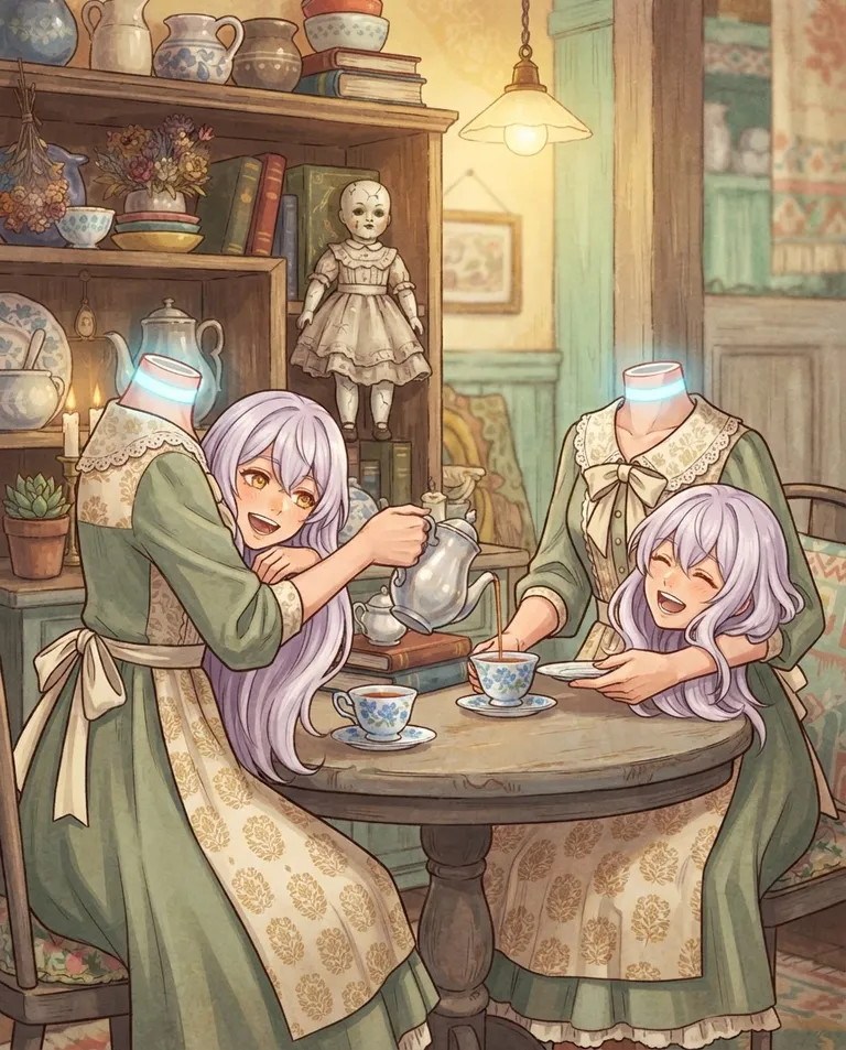 Modern anime key visual, simple background: over-the-shoulder shot of Greta and Nina, identical young adult dullahan twin sisters, their bodies completely headless with no head on their shoulders, only a clean flat softly glowing pale-blue neck line where a head would be, each carrying her own living detached head with long pale lavender hair, warm amber eyes and fair skin, Greta's head cradled in the crook of her left arm and Nina's in her right, slender builds, wearing matching mint-and-cream housedresses with white lace collars and mirrored ribbon sashes tied on opposite hips, nothing but empty air above both headless bodies' shoulders, both carried heads laughing brightly, pouring tea for the viewer at a cluttered parlor table while the porcelain doll, headless as well, sits on a shelf behind them, in their warm eccentric cottage. Soft golden lamplight with candle glow. Cozy whimsical mint-and-honey palette. No text, no watermark.