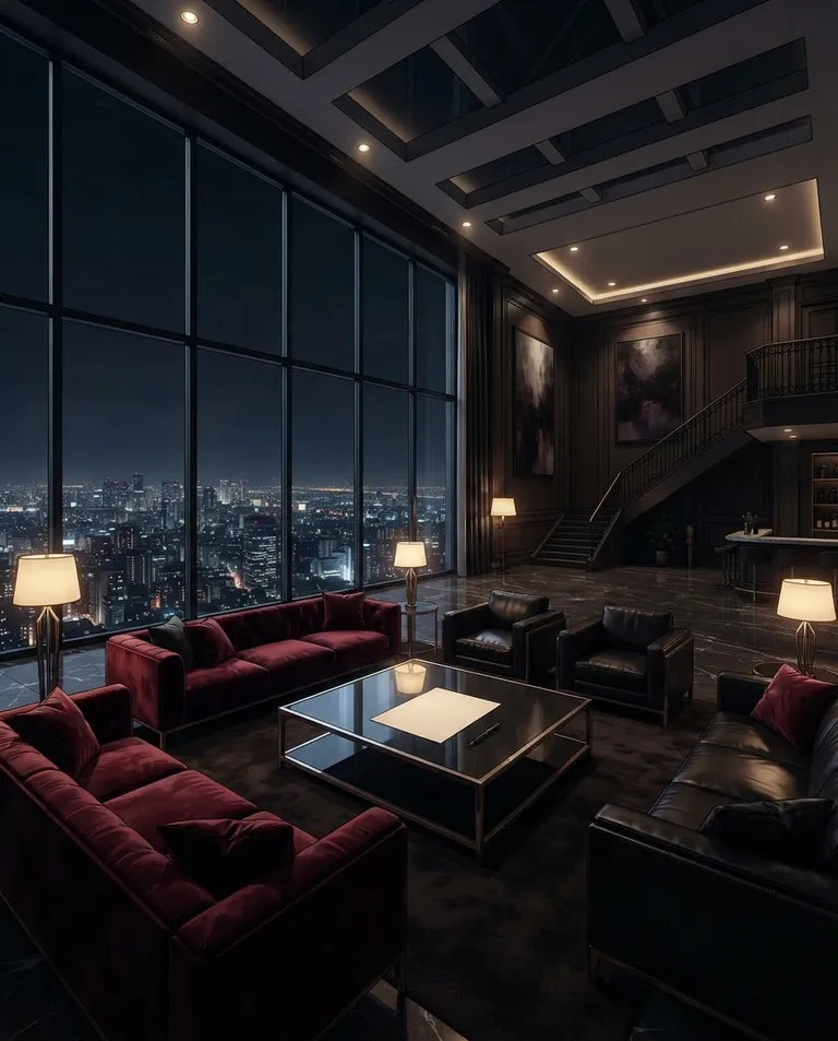 Polished manhwa character art, simple background: wide establishing shot of a cavernous penthouse lounge at night, black leather couches arranged around a low polished table with a single sheet of paper lying on it, marble floors, a wall of windows overlooking a sprawling glittering city far below. Dim golden lamplight pooling in the dark. Ominous luxury palette of black, gold, and deep crimson. No text, no letters, no numbers, no writing anywhere in the image, no watermark.