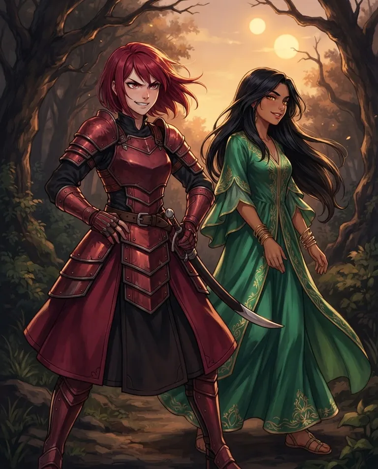Modern anime key visual, simple background: waist-up group shot of Dahlia, a young adult woman with a short crimson bob and red eyes, athletic build, wearing a crimson-and-black armored dress with a curved saber at her hip, wearing a fierce predatory smirk, beside Jasmine, a young adult woman with long flowing black hair and amber eyes, olive skin, wearing a flowing emerald silk gown with gold bangles, her lips curved in a sly, knowing smile, scanning the tree line as they hunt for the Descender at the forest's edge. Golden-hour rim light from twin suns. Rich crimson-and-emerald palette. No text, no watermark.