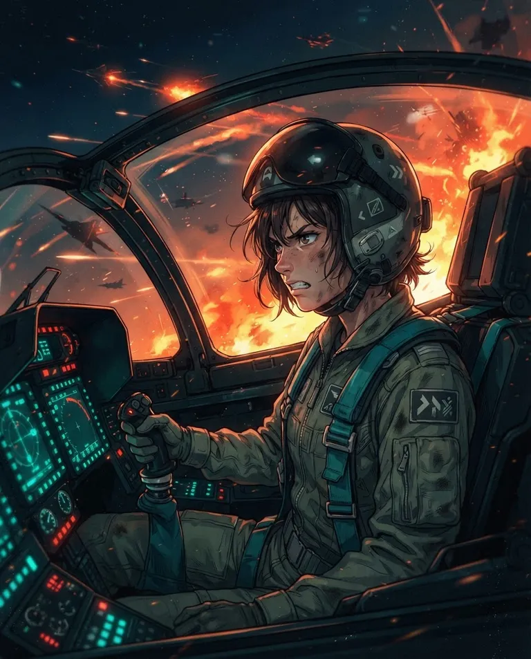 Modern anime key visual, simple background: waist-up shot of a young adult fighter pilot in a flight suit and helmet with the visor raised, jaw set in grim resolve, gripping the stick as the canopy locks down and warning lights flare across the cockpit. Cold instrument glow against firelight through the glass. Tense, urgent, amber-and-teal palette. No text, no letters, no numbers, no writing anywhere in the image, no watermark.