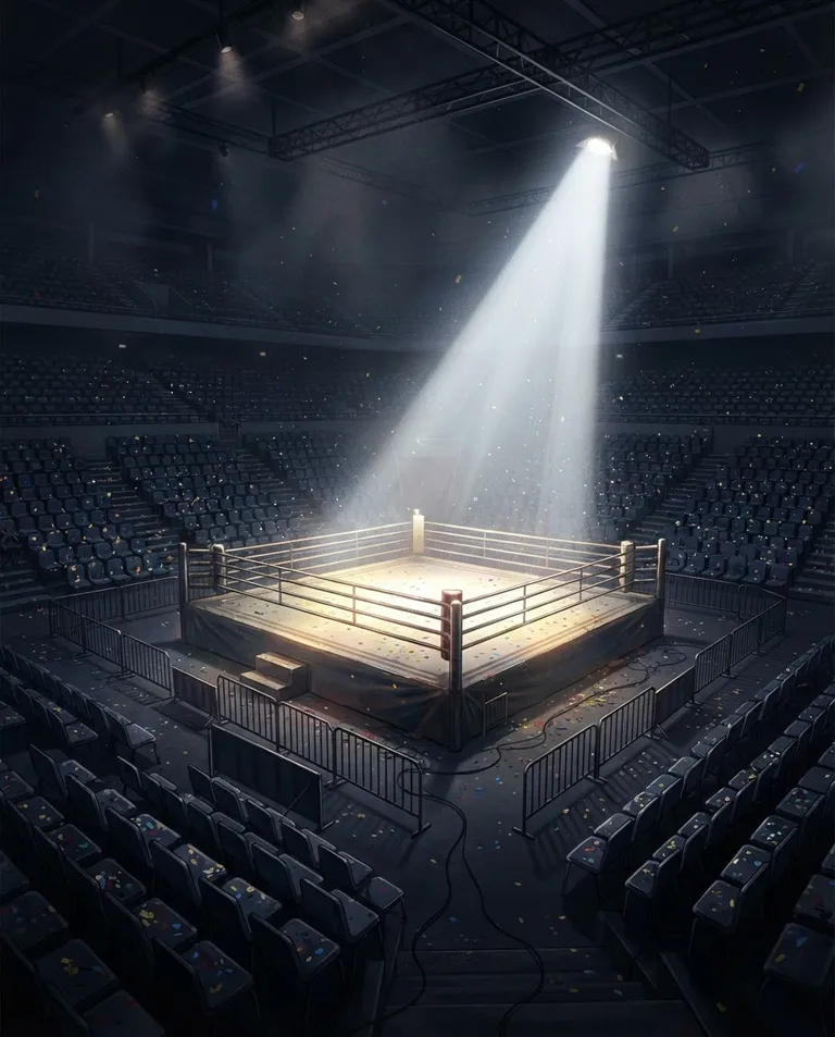 Polished manhwa character art, simple background: wide establishing shot of a vast boxing arena after the fight, the empty ring glowing under a single cone of spotlights, confetti settling over thousands of vacant seats and haze hanging in the rafters. Brilliant white spotlight against deep shadowed stands. Triumphant lonely gold-and-midnight palette. No text, no letters, no numbers, no writing anywhere in the image, no watermark.