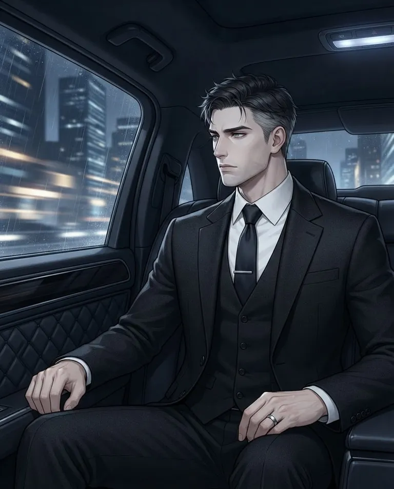 Polished manhwa character art, simple background: over-the-shoulder shot inside a black limousine of Sebastian, a man in his early forties with short dark hair greying at the temples, pale blue eyes, fair skin and a tall imposing build, wearing an immaculate black three-piece suit with a silver tie clip, a platinum wedding band newly on his finger, seated apart and staring out the window in silence with a distant, unreadable expression. Cold city lights sliding past through the glass. Distant palette of midnight blue and grey. No text, no watermark.
