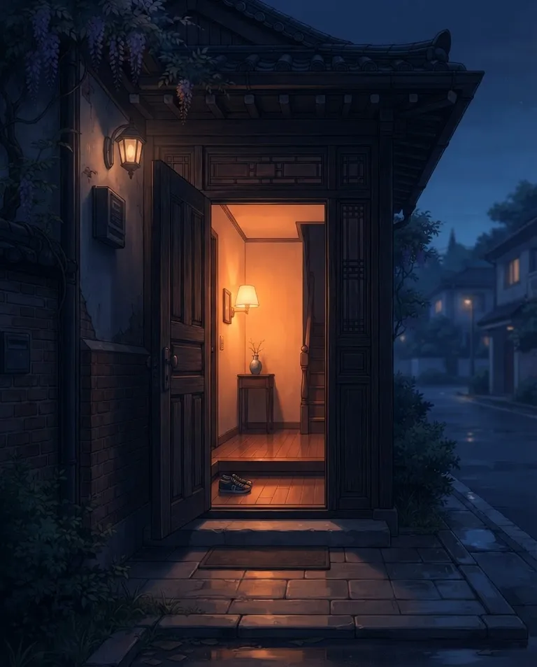 Polished manhwa character art, simple background: close shot of a house front door standing wide open at dusk, warm light glowing from the empty hallway inside and spilling across a quiet street, no one in sight. Deep dusk blue against warm interior glow. Inviting yet wrong, amber-and-indigo palette. No text, no watermark.
