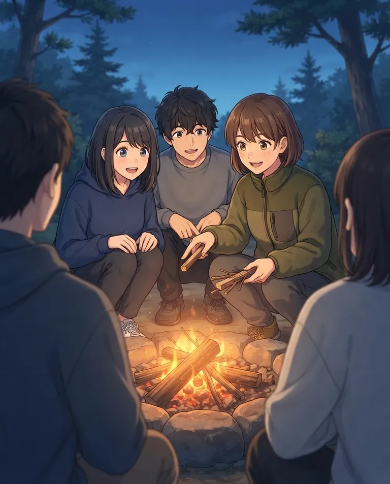 Modern anime key visual, simple background: over-the-shoulder shot of a capable young adult camper crouched by a fire pit demonstrating how to lay kindling to two grateful, wide-eyed university students in plain unmarked outdoor clothes leaning in to watch. Warm low campfire glow at blue hour. Encouraging, warm, friendly amber palette. No text, no letters, no numbers, no writing anywhere in the image, no watermark.
