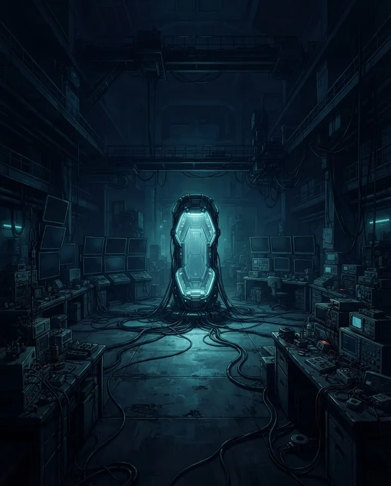 Modern anime key visual, simple background: wide establishing shot of a vast dim sci-fi laboratory at night, an empty humanoid charging station standing open and glowing softly at its center, cables snaking across the floor between cluttered workbenches and dark banks of monitors. Cold blue machine glow against deep shadow. Hushed wonder-and-dread teal-and-indigo palette. No text, no letters, no numbers, no writing anywhere in the image, no watermark.