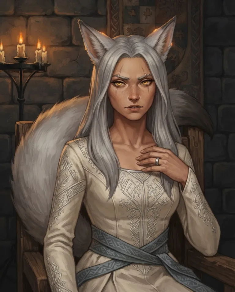 Western RPG fantasy illustration, simple background: close portrait of Isla, a young adult foxkin woman with long silver hair falling loose past her shoulders, sharp golden eyes, pale silver fox ears and a full silver-white fox tail, lightly tanned skin with a thin old scar across one eyebrow and a lean war-hardened build, wearing a formal ivory wedding gown with slate-blue sashes and fine silver embroidery, a plain silver treaty ring on her left hand, guarded pride flickering into uncertainty, golden eyes steady on the viewer while her ears tilt half-lowered and candle flames reflect in them, in a stone chamber at night. Soft close candlelight. Intimate amber-and-charcoal palette. No text, no watermark.