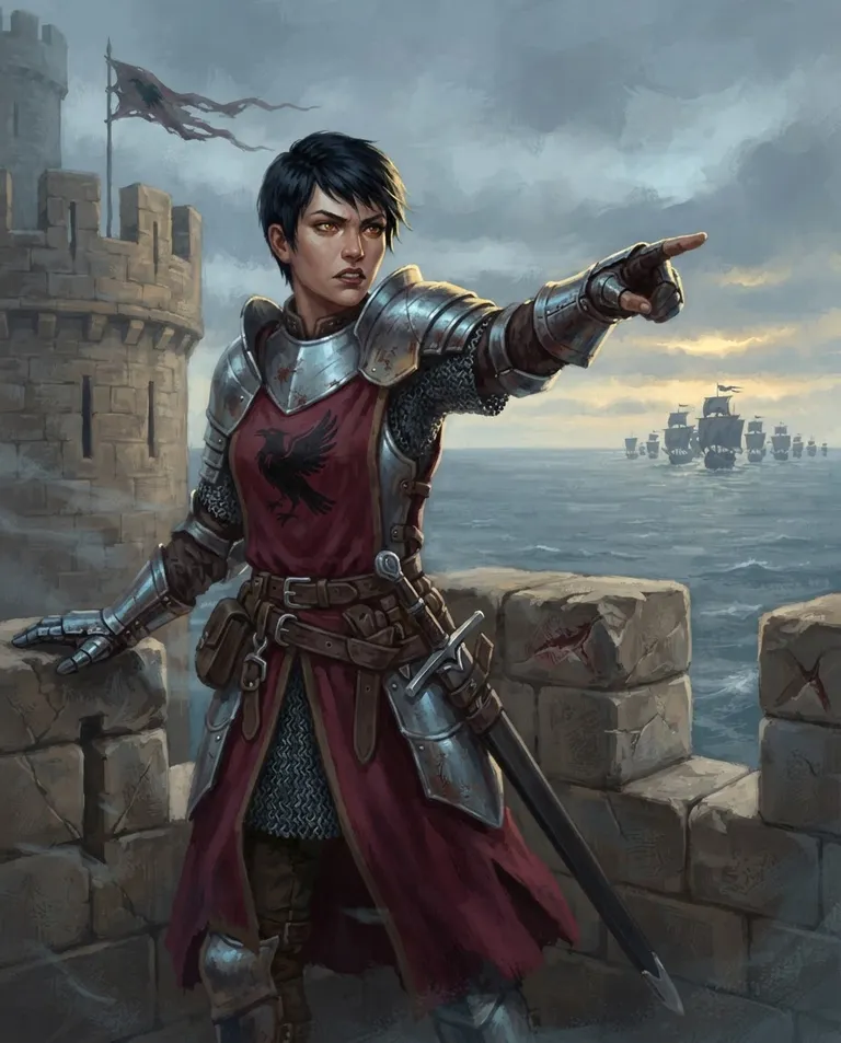 Western RPG fantasy illustration, simple background: low-angle shot of Kira, a young adult woman with close-cropped raven-black hair and amber eyes, tall athletic build, wearing polished steel plate armor over a crimson tabard bearing a black raven crest, a longsword sheathed at her hip, her expression tense and grimly alert as she stands on a windswept castle battlement pointing toward a distant enemy fleet massing on the grey sea horizon. Cold overcast daylight with a golden rim from a breaking sun. Tense steel-blue palette. No text, no watermark.
