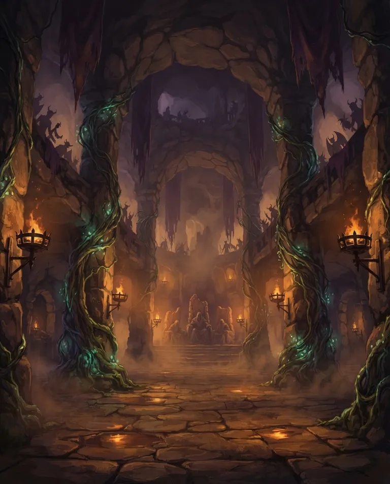 Western RPG fantasy illustration, simple background: wide establishing shot of a vast underground monster-girl kingdom hall carved from ancient stone, grand pillars wrapped in glowing vines, braziers casting warm light, and distant silhouettes of horned and winged figures watching from the shadows. Warm torch and ember light glowing through a hazy sweet mist. Deep amber and violet palette, opulent forbidden atmosphere. No text, no watermark.