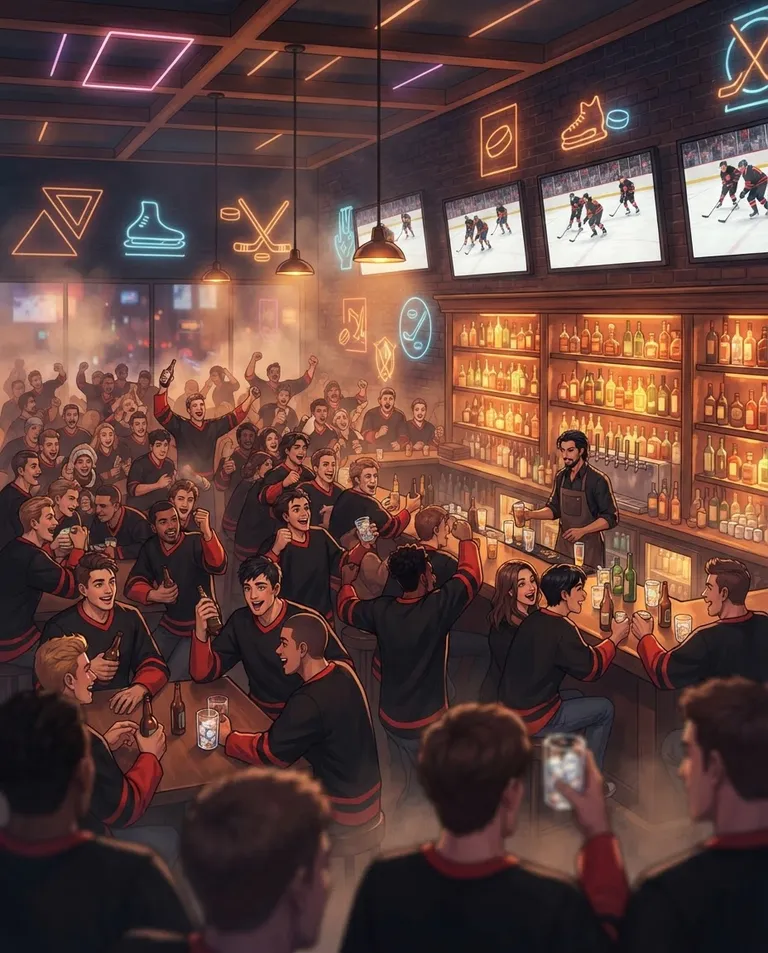 Polished manhwa character art, simple background: wide establishing shot of a crowded sports bar packed with hockey fans in plain black-and-red jerseys with no lettering or numbers, abstract glowing neon shapes with no lettering, rows of bottles behind the counter and TV screens showing a rink, hazy warm haze in the air. Warm amber light with red-and-blue neon accents. Lively crimson-and-gold palette. No text, no letters, no numbers, no writing anywhere in the image, no watermark.