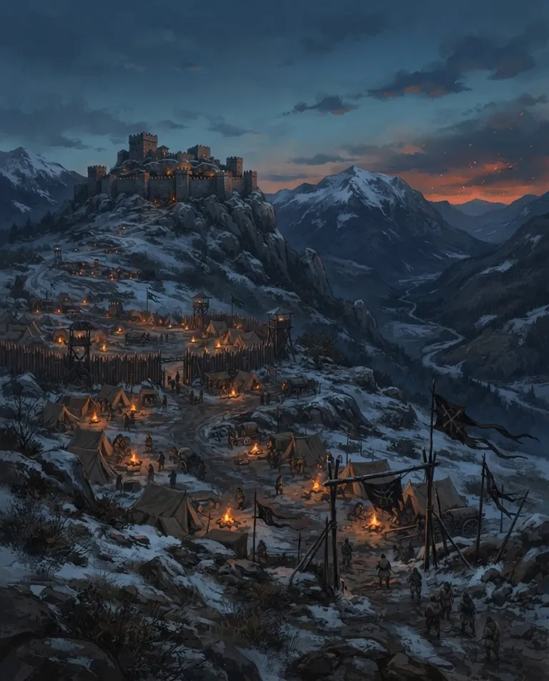 Polished manhwa character art, simple background: wide establishing shot of a snow-dusted Balkan hillside at dusk with a fortified rebel camp of tents and campfires below a distant stone fortress, raid banners snapping in the wind. Cold blue twilight against orange firelight. Bleak wartime mood, slate and ember palette. No text, no watermark.
