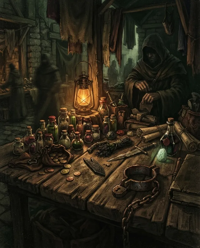 Western RPG fantasy illustration, simple background: close detail shot of a shadowy black-market stall crowded with vials, forbidden relics, an iron slave collar, and coin pouches on rough wood. A single lantern casts a warm conspiratorial glow. Seedy criminal mood, murky green-brown and amber palette. No text, no watermark.