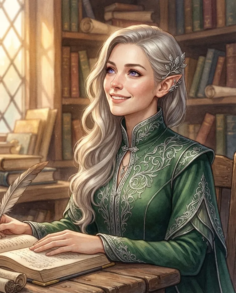 Western RPG fantasy illustration, simple background: close portrait of Sylvara Enweth, a young adult elven woman with long silver-blonde hair swept over one shoulder, deep-violet eyes, fair skin and slender graceful build, wearing a fitted deep-green scholar's robe with silver thread trim and a high collar, a delicate silver ear cuff on one pointed ear, glancing up with a warm knowing smile as if pleased with a corrected sentence. Soft golden-hour rim light. Serene green and gold palette. No text, no watermark.