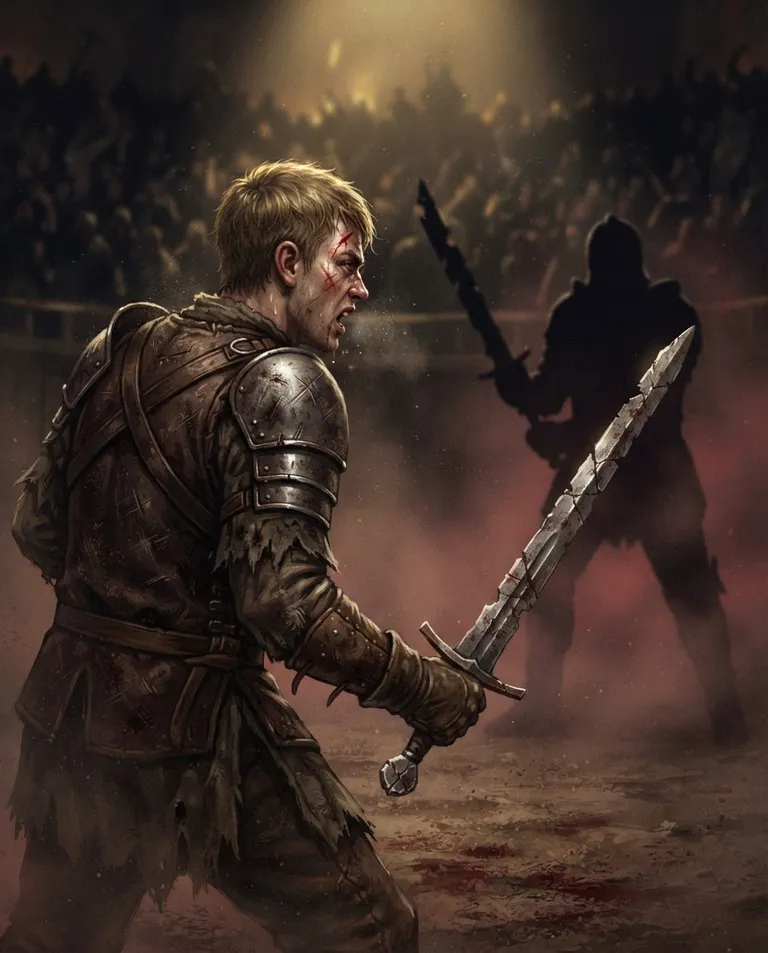 Western RPG fantasy illustration, simple background: over-the-shoulder shot of the scarred young adult debt fighter with short dirty-blond hair, in the same battered leather-and-iron arena armor as always, no cape, breathing hard and bracing a cracked sword mid-match, a thin cut on the brow, a silhouetted opponent looming in the dusty arena haze. Warm spotlight rim against the dark stands. Grim, defiant, dusty crimson palette. No text, no letters, no numbers, no writing anywhere in the image, no watermark.